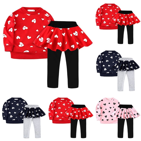ibiyuan Baby Girl Outfit Toddler Girls Valentine's Day Outfit Cute Heart Print Sweatshirt Top Long Pantskirt 2Pcs Casual Playwear Set for Little Girls Kids,5-6 Years