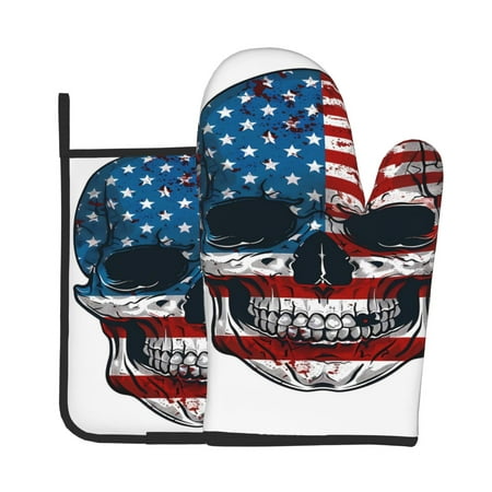 

Xecao American Flag Skull Pattern Oven Mitts and Pot Holders Sets Heat Resistant Silicone Oven Mittens Extra Thicken Long Kitchen Cotton Oven Glove for Cooking