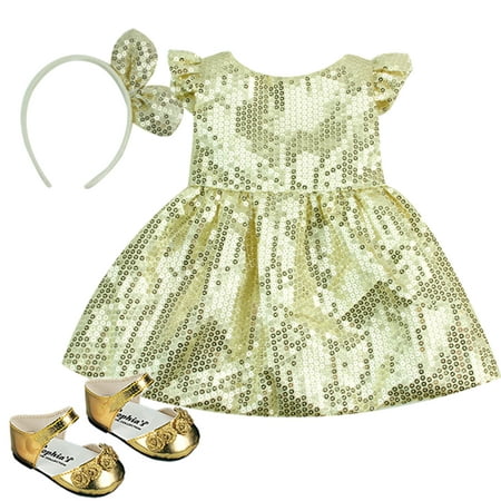 Image of Sophia s Sequin Dress Headband and Shoes for 18 Dolls Gold
