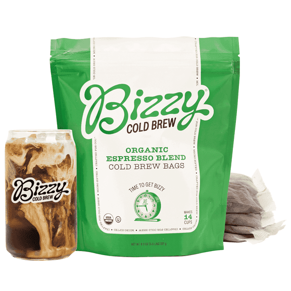 Bizzy Organic Cold Brew Coffee, Espresso Blend, Dark Roast, Coarse Ground, 100% Arabica, Brew Bags, 4 Count