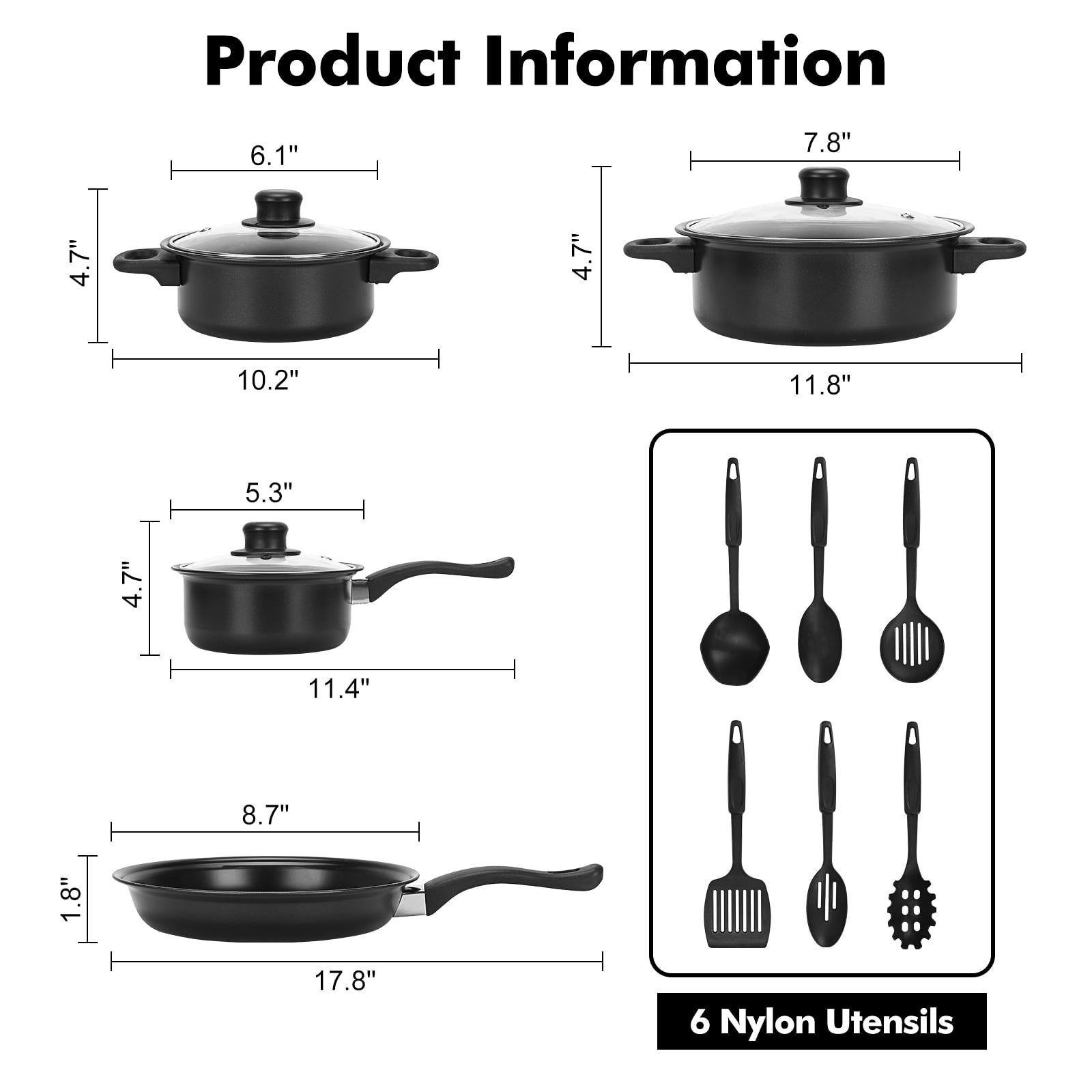 Unbranded Non-Stick Cookware Set, Small Portable Cast Iron Pots and Pans with Glass Lids and Nylon Utensils for Outdoor Cooking - 13 Piece Set, Black
