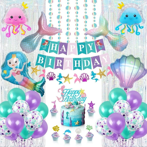 Mermaid Birthday Party Decorations Kit, 55 Pcs Underwater Theme Supplies with Mermaid Balloons, Foil Fish Tail, Jellyfish, Happy Birthday Banner for Girls Birthday Decor