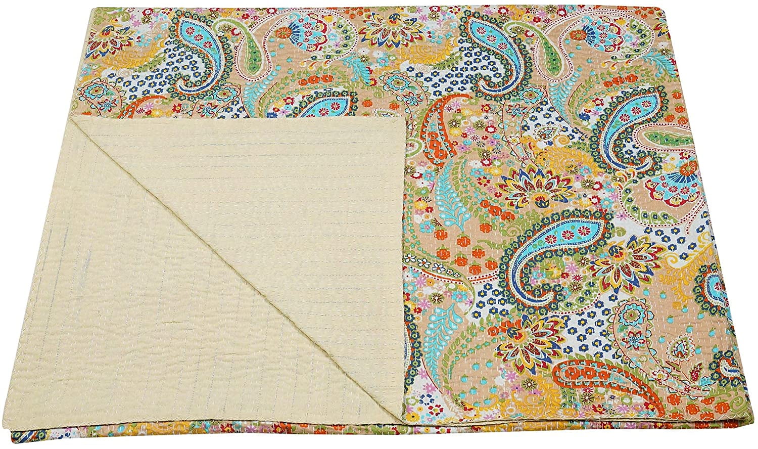Vintage Handmade Kantha Quilt Indian Traditional Bed Cover Throw Paisley Printed Kantha Quilts (Beige Color, King (90x108 Inch)
