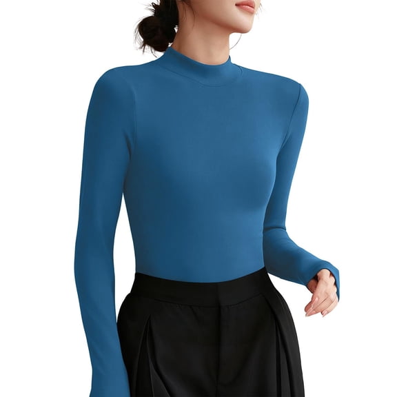 MOJOGO Mock Neck Tops for Women Solid Long Sleeve Pullover Tops Casual Trendy Tunic Base Layer Blue XL