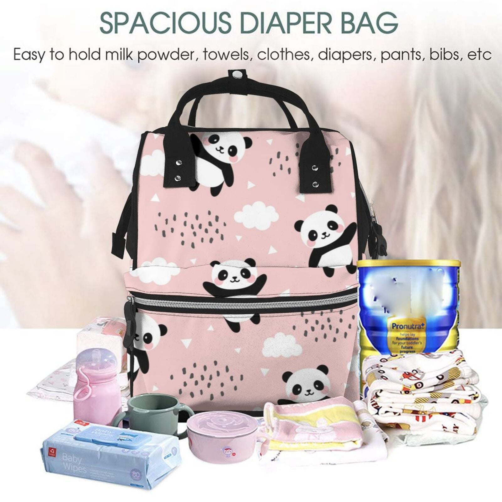 Fuzoiu Panda Flying in the Sky (2) Print Diaper Bag Backpack,Baby Essentials Travel Tote,Multi function Waterproof Diaper Bag, Travel Essentials Baby Bag - Unisex