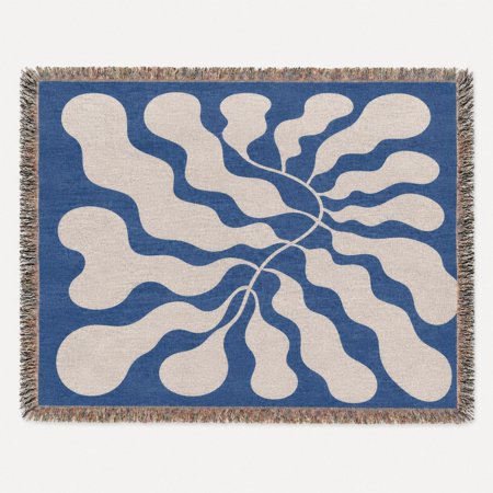 Blue and Cream Abstract Botanical Woven Cotton Throw Blanket with Fringe Modern Organic Living Room Decor