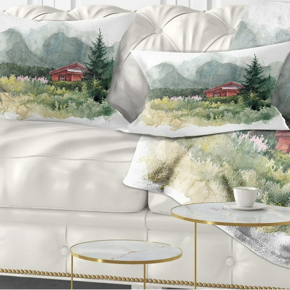 Designart Watercolor House Aad Mountains - Landscape Printed Throw Pillow - 12x20