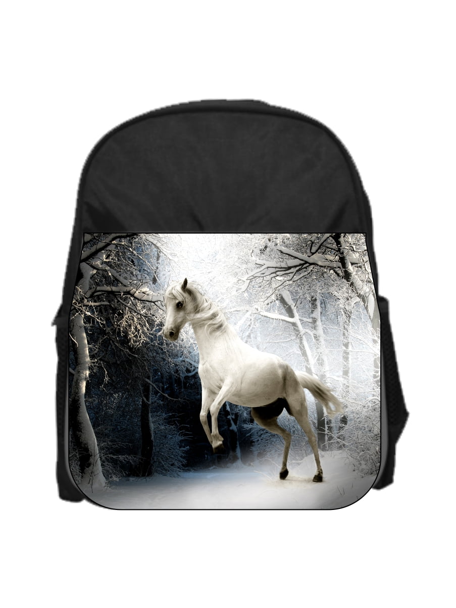 White Horse in the Snowy Winter Woods 13" x 10" Black Preschool Toddler Children's Backpack and Crayon Case... by Accessory Avenue