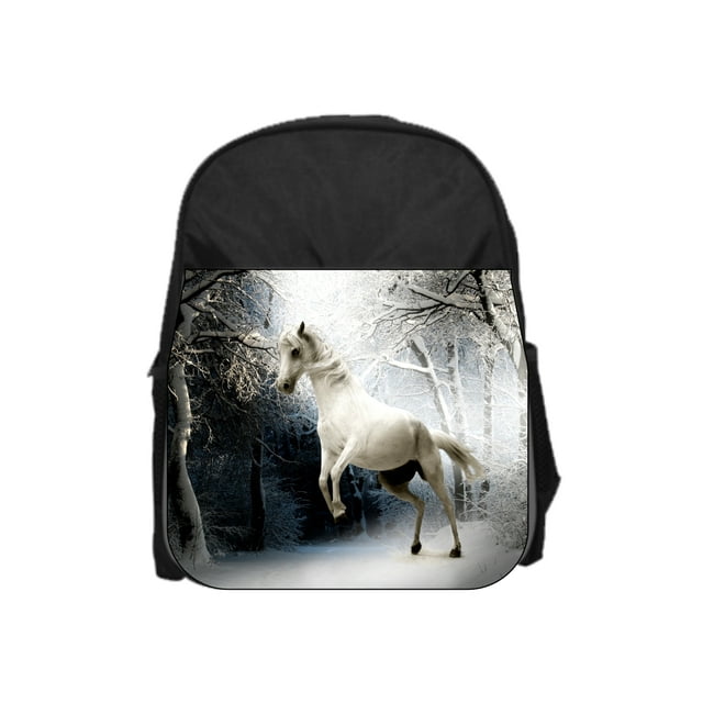 White Horse in the Snowy Winter Woods - 13" x 10" Black Preschool Toddler Children's Backpack and Crayon Case Set - Girls - Multi-Purpose