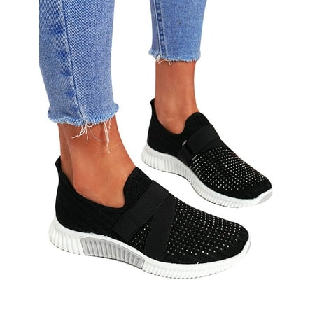 Julyccc Womens Mesh Knit Rhinestone Slip On Sneakers Walking Shoes ...