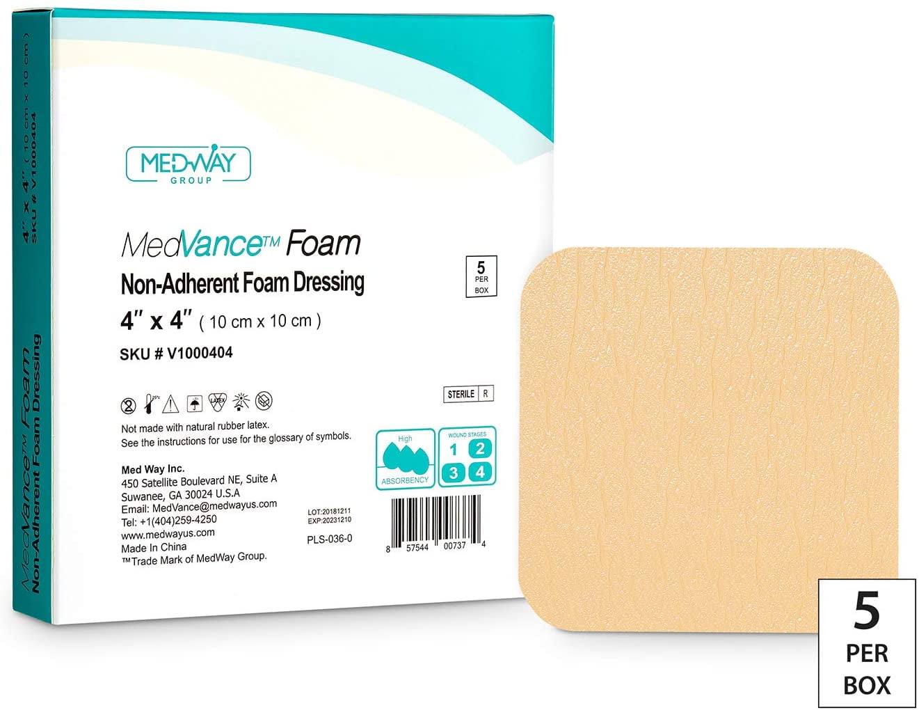 MedVance TM Foam - Waterproof Non-Adhesive Hydrophilic Foam Dressing 4'X4' Box of 5 dressings