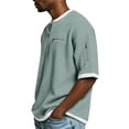 thumbnail image 4 of Waffle Knit Short Sleeve Henley Shirts for Men Oversized Casual Half Zip Pullover T Shirts with Zipper Pockets Textured Knit Tops Light Green 4XL, 4 of 9