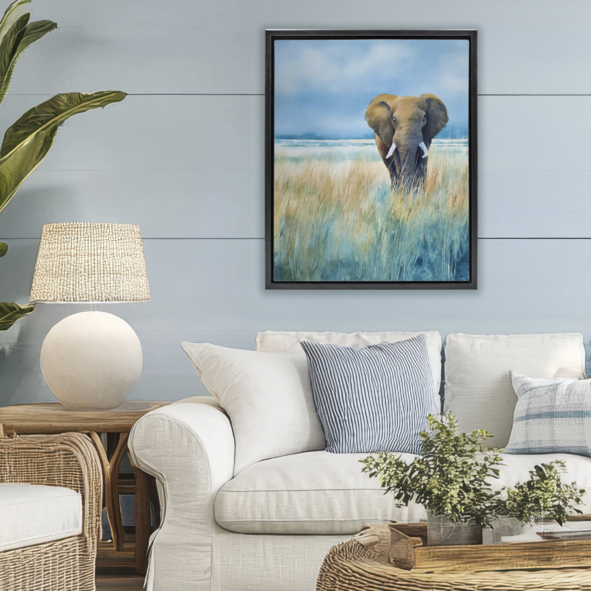 Stupell Industries Blue Grass Elephant Black Framed Floater Canvas Wall Art, design by Franklyn Gregory