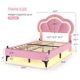 thumbnail image 3 of Twin Size Bed Pink Girls Bed Frame with Led Lights, Velvet Upholstered Platform Bed Frame for Girls, Princess Bed with Adjustable Flower Headboard, Solid Wooden Slats, 3 of 10