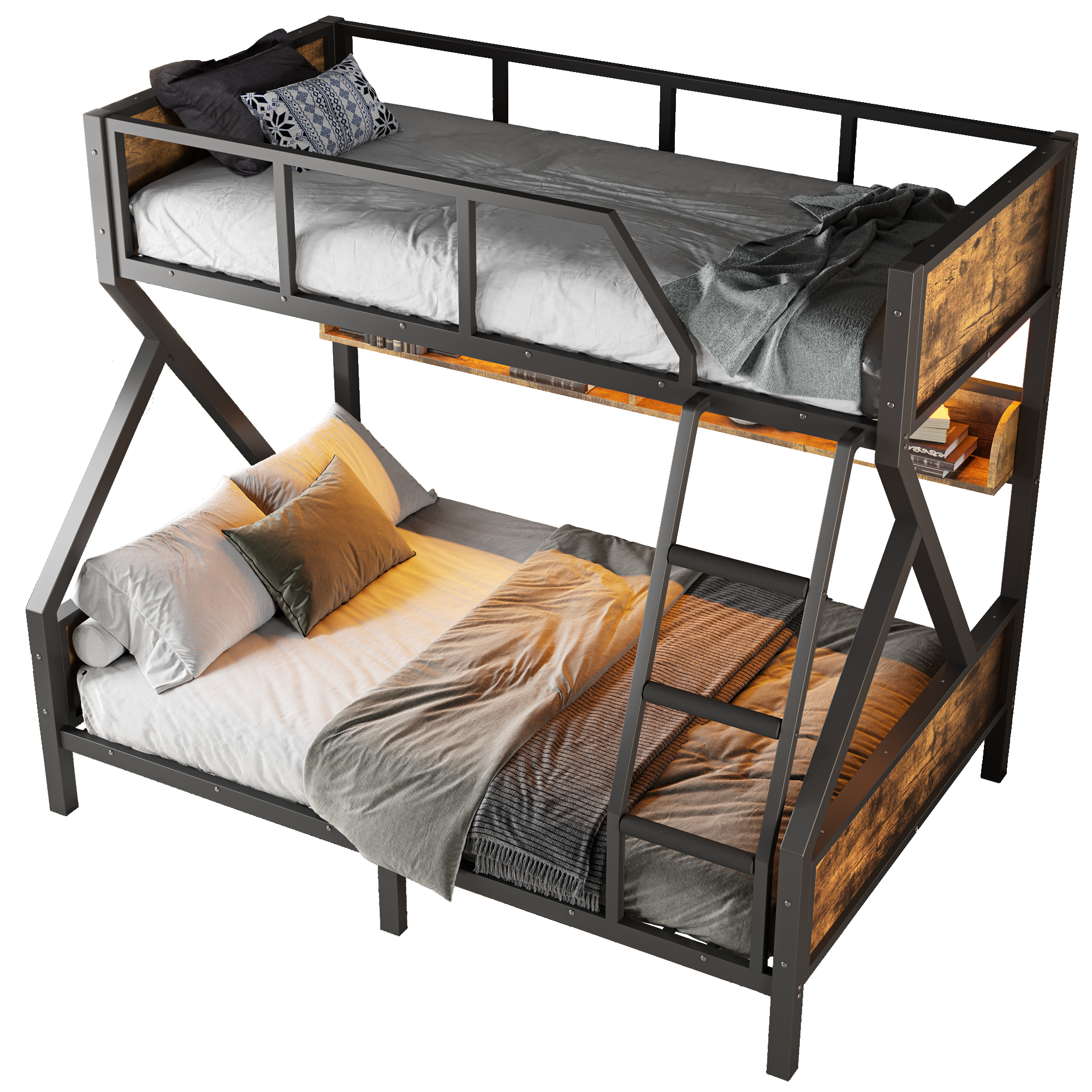 Aukfa Twin Over Full Metal Bunk Bed with Storage Shelves & LED Lights, Heavy-Duty X-shape Frame for Kids & Adults, Space-Saving, Black