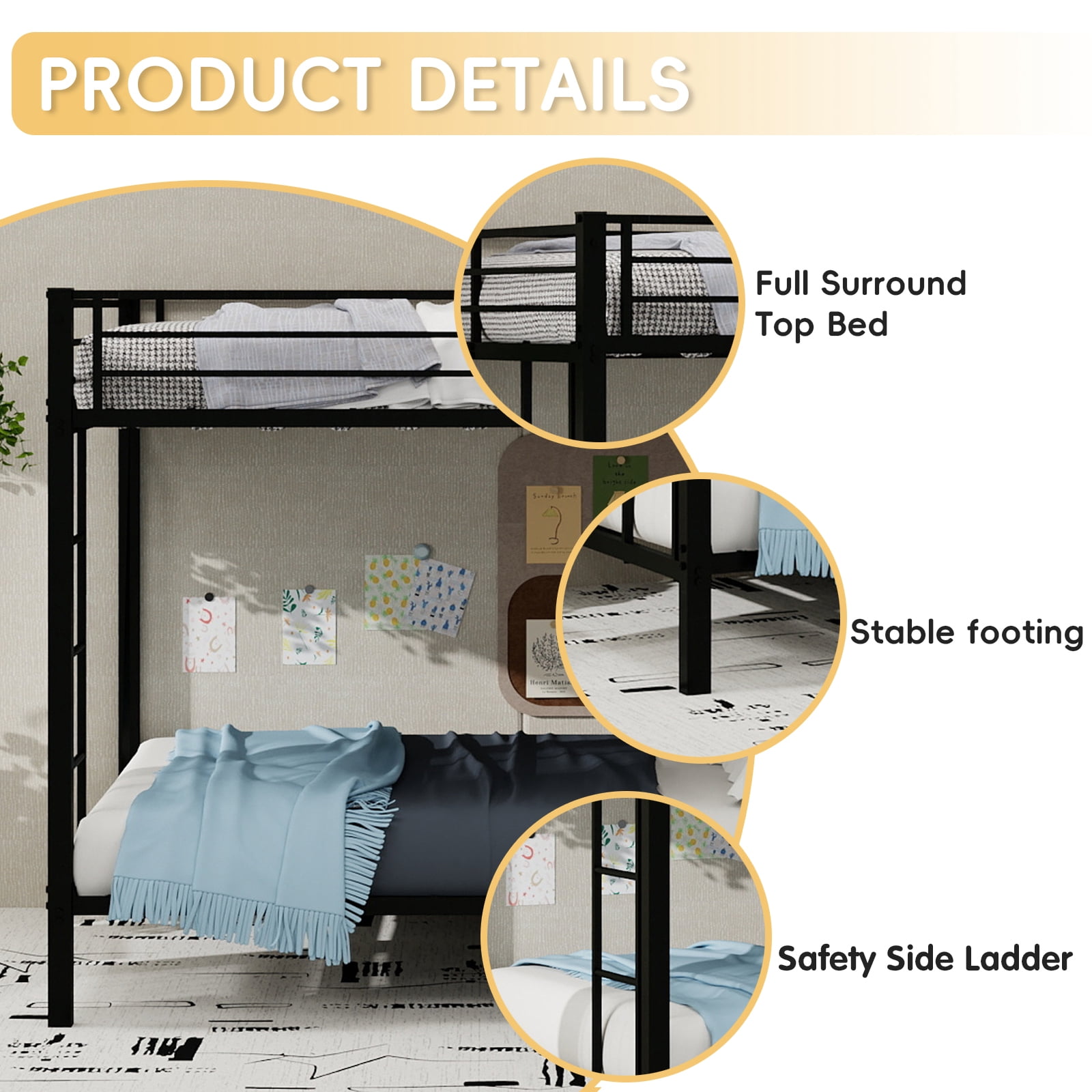 Leumius Full over Full Metal Bunk Bed Frame with Safety Rails & Ladders, Heavy-Duty Quiet Design for Teens and Adults,Black