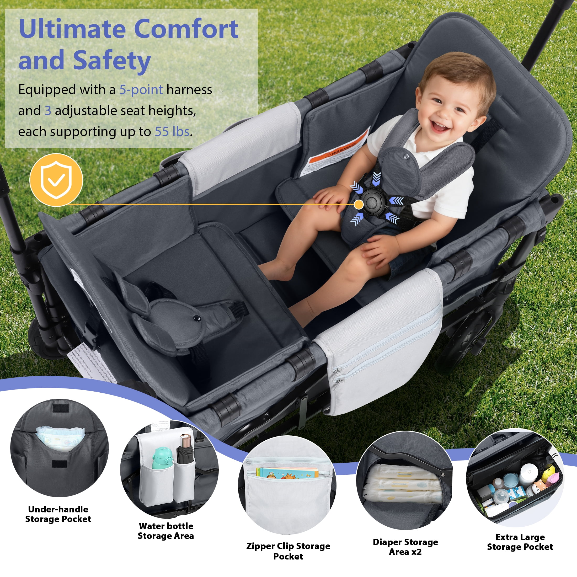 Minikid Baby Wagon Stroller for 2 Kids,Toddler Stroller With Canopy, Gray