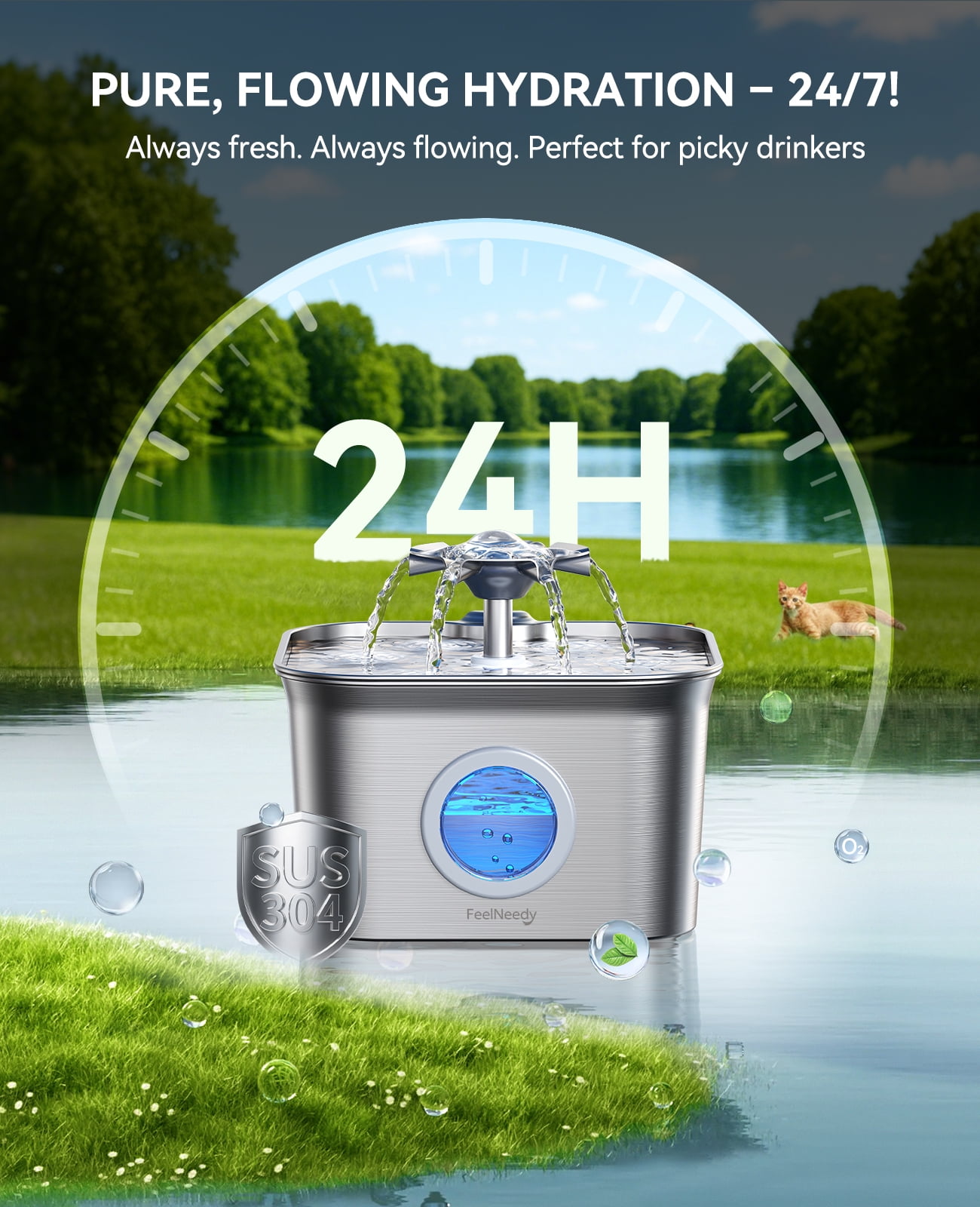 FeelNeedy Cat Water Fountain, 2.8L/95oz Stainless Steel Cat Fountain with 3 Filters, Ultra-quiet Automatic Pet Water Dispenser for Cats Indoor