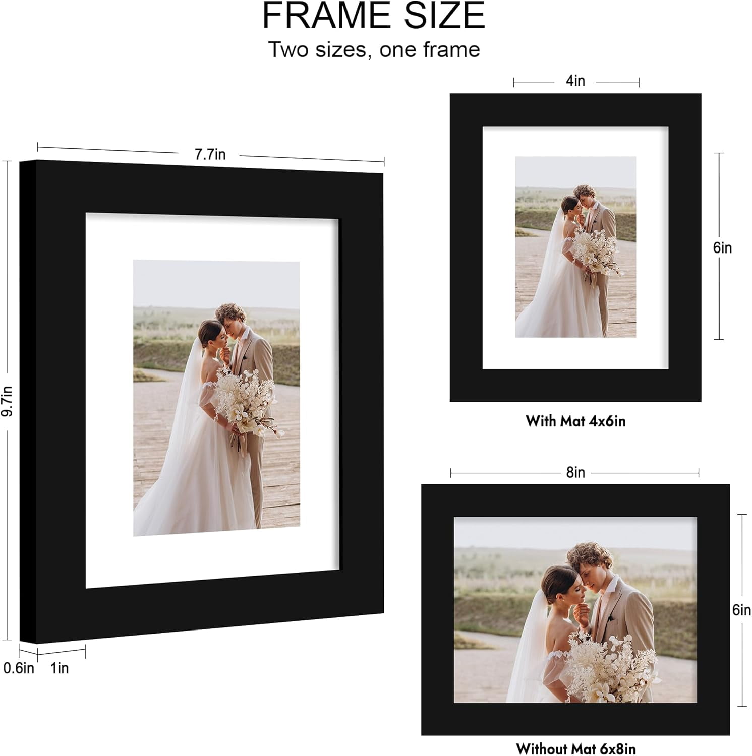 6x8 Picture Frame Set of 2, Made of Real Glass and Black Wooden Frame - Display Pictures 4x6 with Mat or 6x8 Without Mat, 6 by 8 Photo for Wall or Tabletop