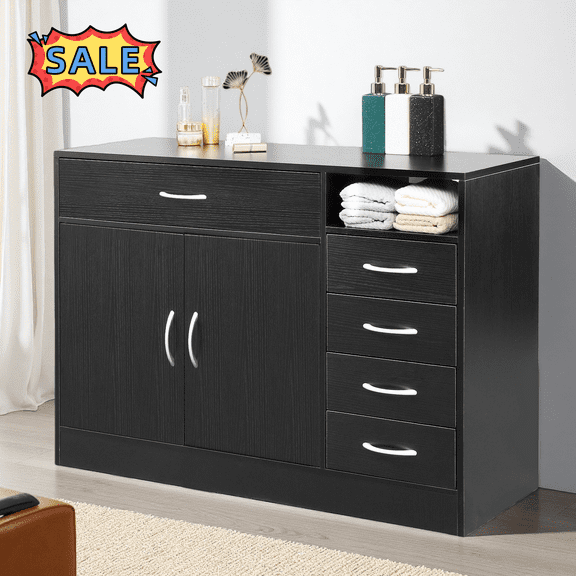 Tcbosik Storage Cabinet with 5 Drawers, Modern Bathroom Cabinet with Shelf and 2 Doors, Floor Accent Cabinet for Kitchen, Living Room, Dining Room, Black