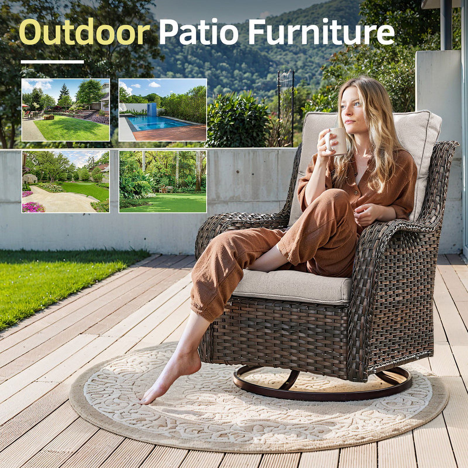 PARKWELL 3-Piece Patio Wicker Chairs Swivel Rocker Set,Outdoor High Back Swivel Glider Rocking Lounge Chairs with Side Table for Patio Deck Garden,Brown/Beige