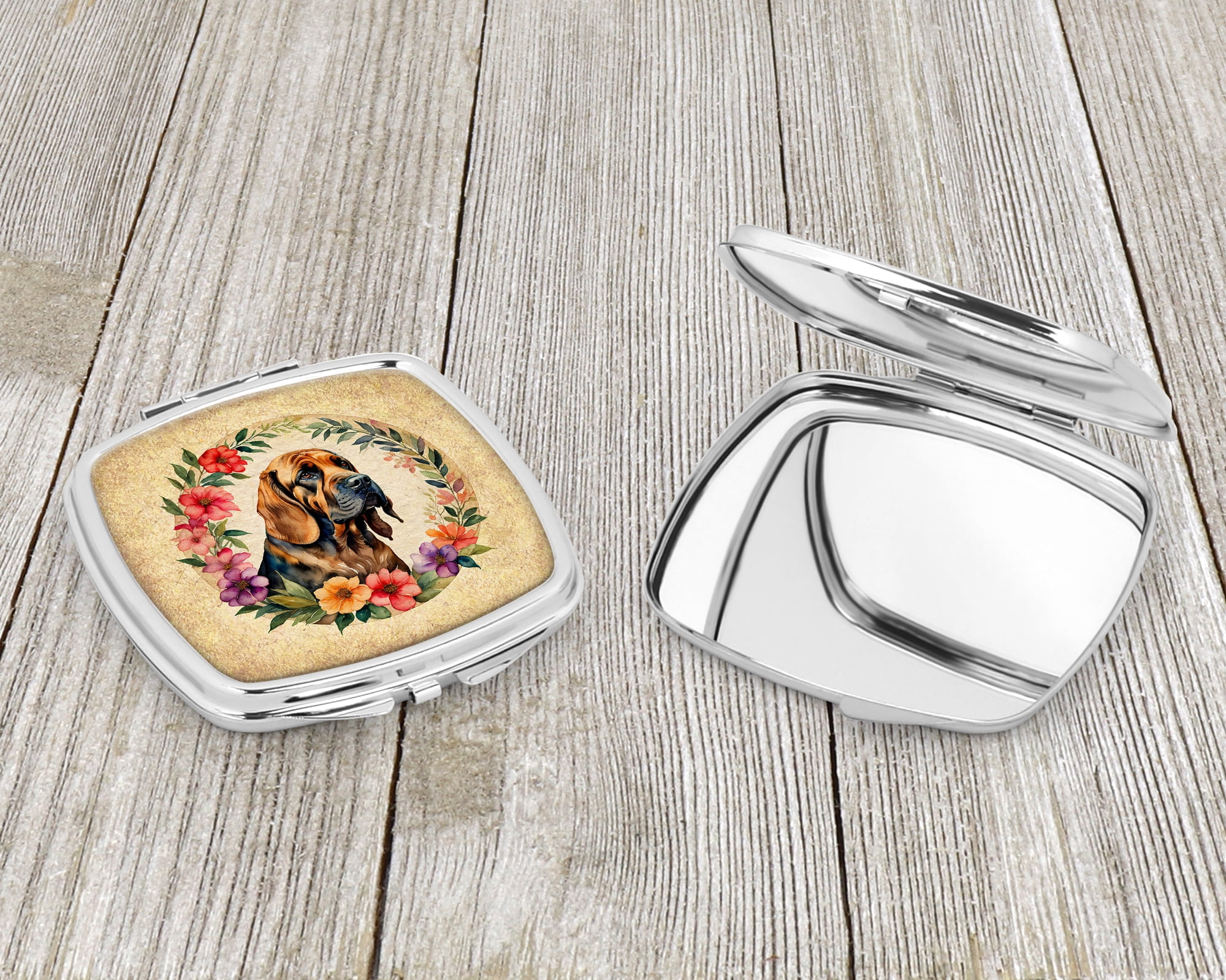 Bloodhound and Flowers Compact Mirror 2.75 in x 3 in
