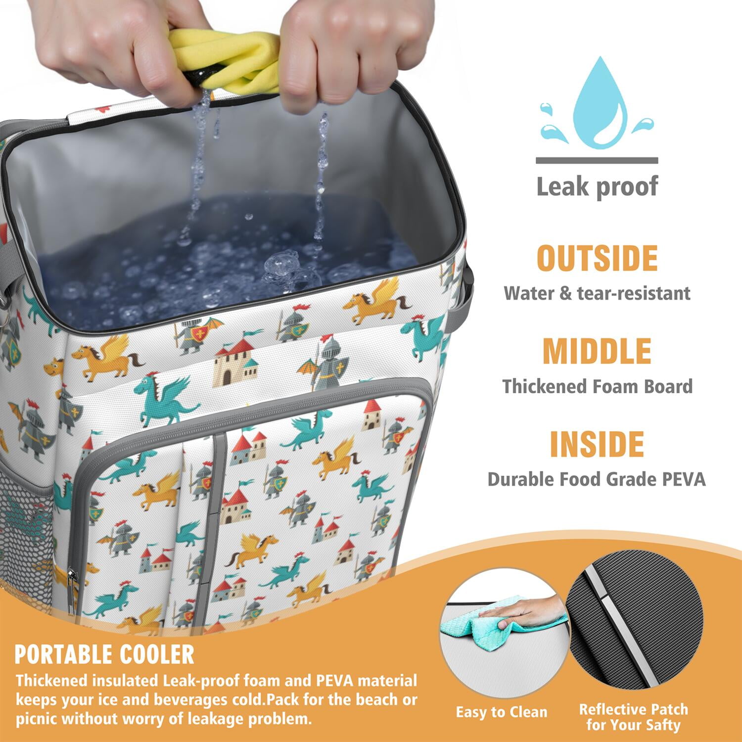 Travel Cooler Bag - White Cartoon KnightsCastles Pattern Camping Beer Cooler Backpack with Bottle Opener- Waterproof Insulated Picnic Backpacks - Cooler Bag for Beach