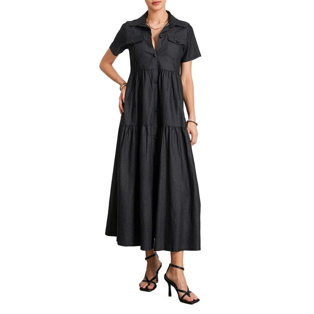 Gupgi Robe en Denim pour Femme Grande Taille Coupe Décontractée Robes Évasées Tendance Longue Sans Manches Col Rabattu Boutonnée devant Robe-Chemise P-5TG