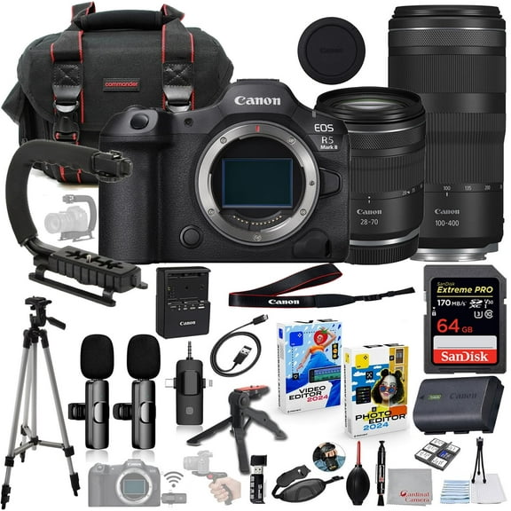 Canon EOS R5 Mark II Mirrorless Camera with 28-70mm & 100-400mm Lens Bundle with with Commander Gear Bag   Wireless Microphone System   64GB Extreme Memory Card   Accessory Kit