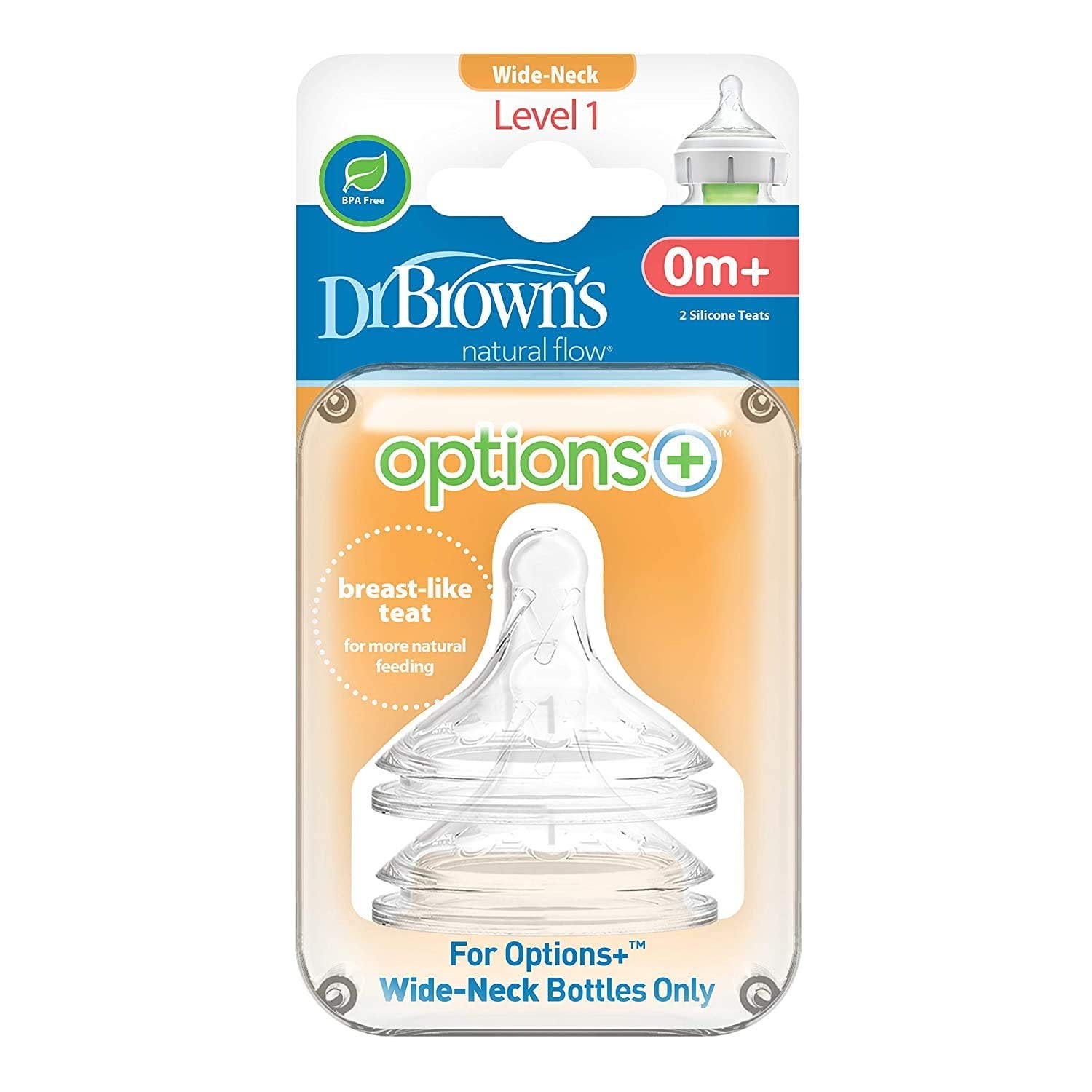 Dr. Brown's Options+ Wide-Neck Baby Bottle Nipple, Level One