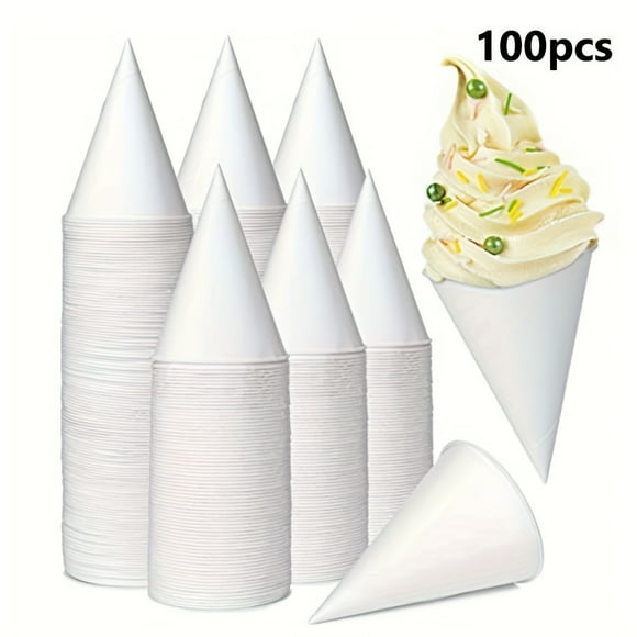 LEEYNEER 100pcs Snow Cone Cups- Premium Leak-Proof Rolled Edge Paper Cones for Shaved Ice& Desserts- Extra-Thick Party Cups for Weddings Carnivals& Summer Events- Fits Standard Cup Dispe