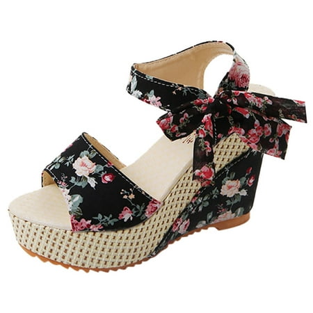 

Womens Flat Sandals Wedges Heel Floral Flower Lace-Up Footwear Shoes Black 38