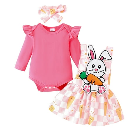

Baby Girls Outfit Sets Easter Ruffles Long Sleeve Romper Rabbit Prints Skirts Headbands Outfit Sets 3 Piece 9-12 Months