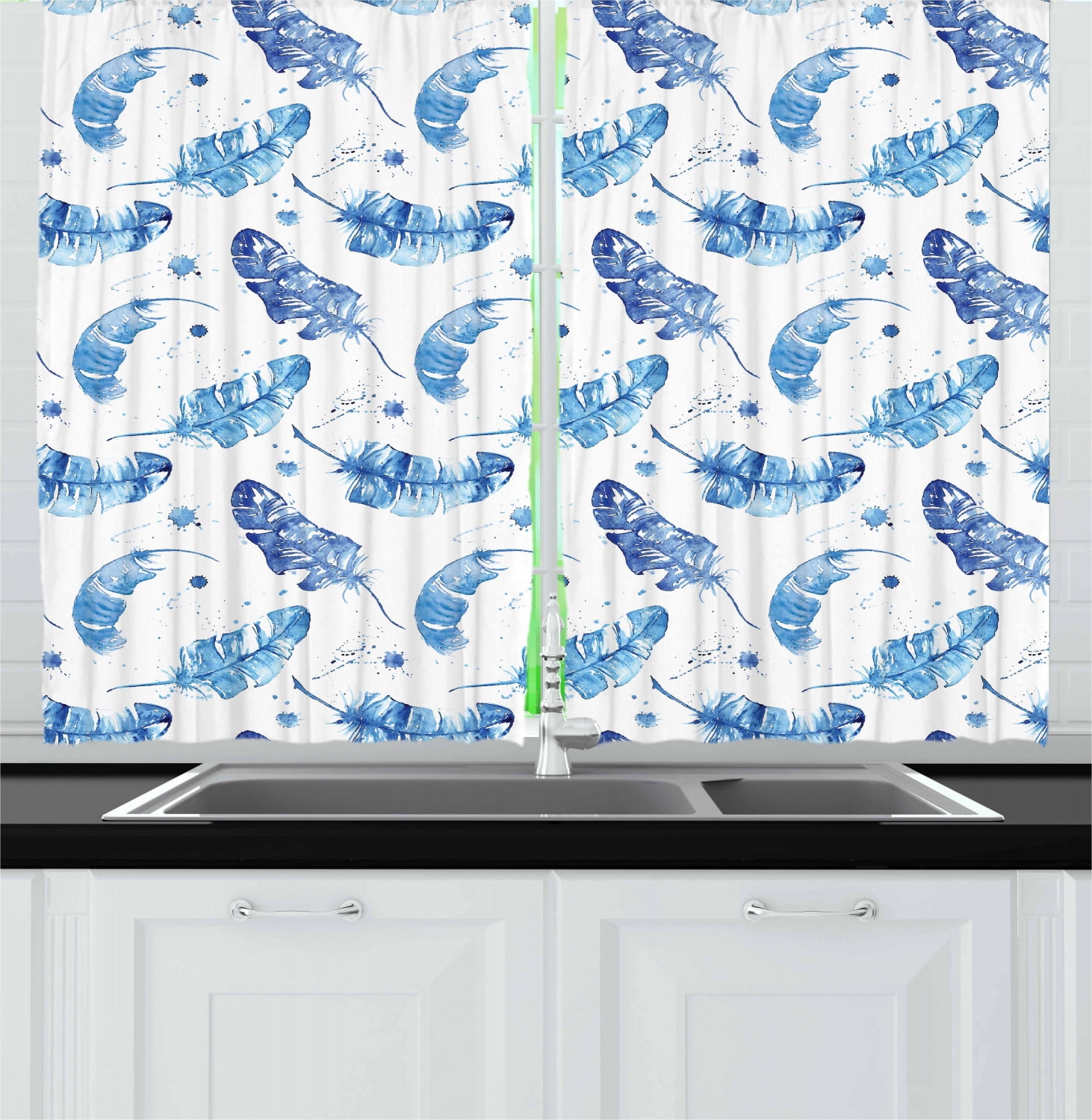 Feather Curtains 2 Panels Set, Watercolor Quill Design with Splashes and Stains Brush Strokes Effect, Window Drapes for Living Room Bedroom, 55W X 39L Inches, Pale Blue and White, by Ambesonne