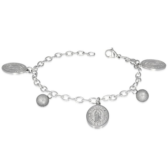 Stainless Steel Silver-Tone Religious Mother Mary Adjustable Chain Bracelet, 8"