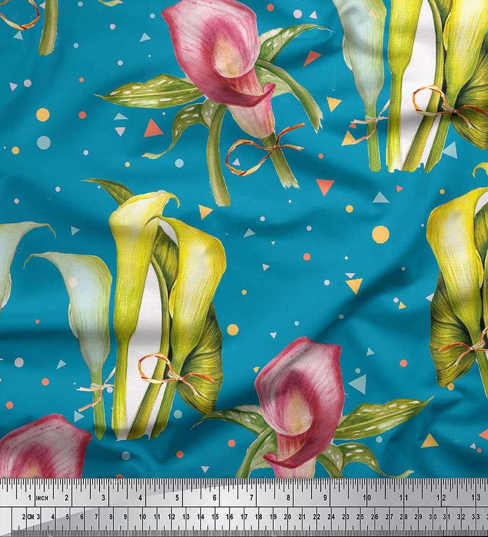 Soimoi Green Cotton Duck Fabric Triangle Leaves Lily Flower Print soimoi-green-cotton-duck-fabric-triangle-leaves-lily-flower-print