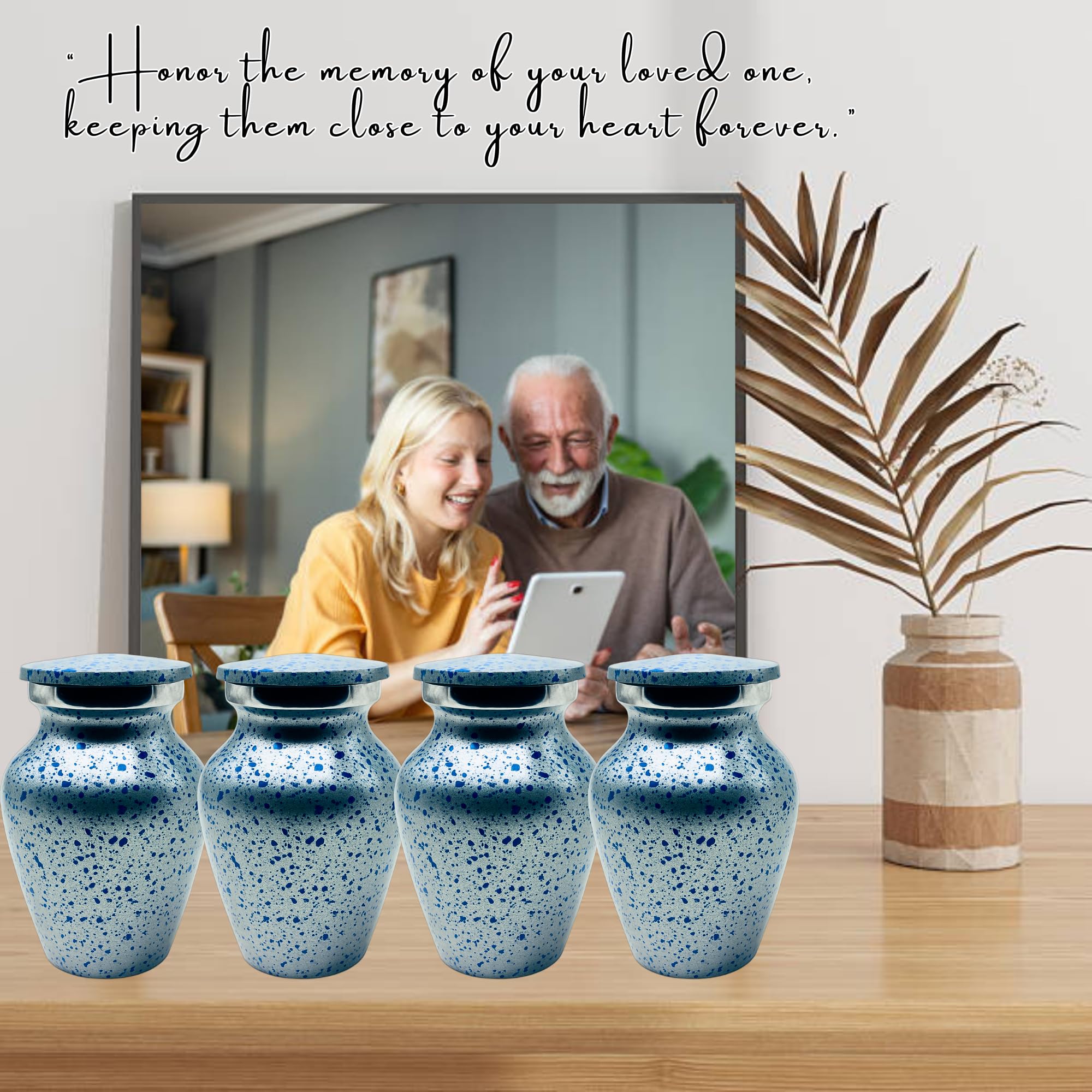 Nova Niche Urns Small Size Cremation Urn for Human Ashes, Mini Keepsake Set of 4 Blue and Silver with Velvet Case