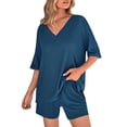 thumbnail image 3 of Women's 2 Piece Summer Outfit Set, Casual Oversized V Neck T-Shirt & High Waisted Biker Shorts, Lounge Wear Shorts Set, Workout Yoga Clothes Blue M, 3 of 7