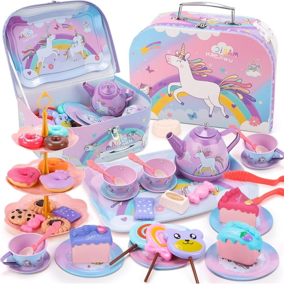 shiyou-QIZEBABY Tea Party Set for Girls,Kids Tin Tea Set Including Teapots & Teacups & Dishes & Dessert & Icecream,Princess Pretend Play Toy,Play Kitchen Accessories for Toddler,Gift for 3 4 5 6 Year