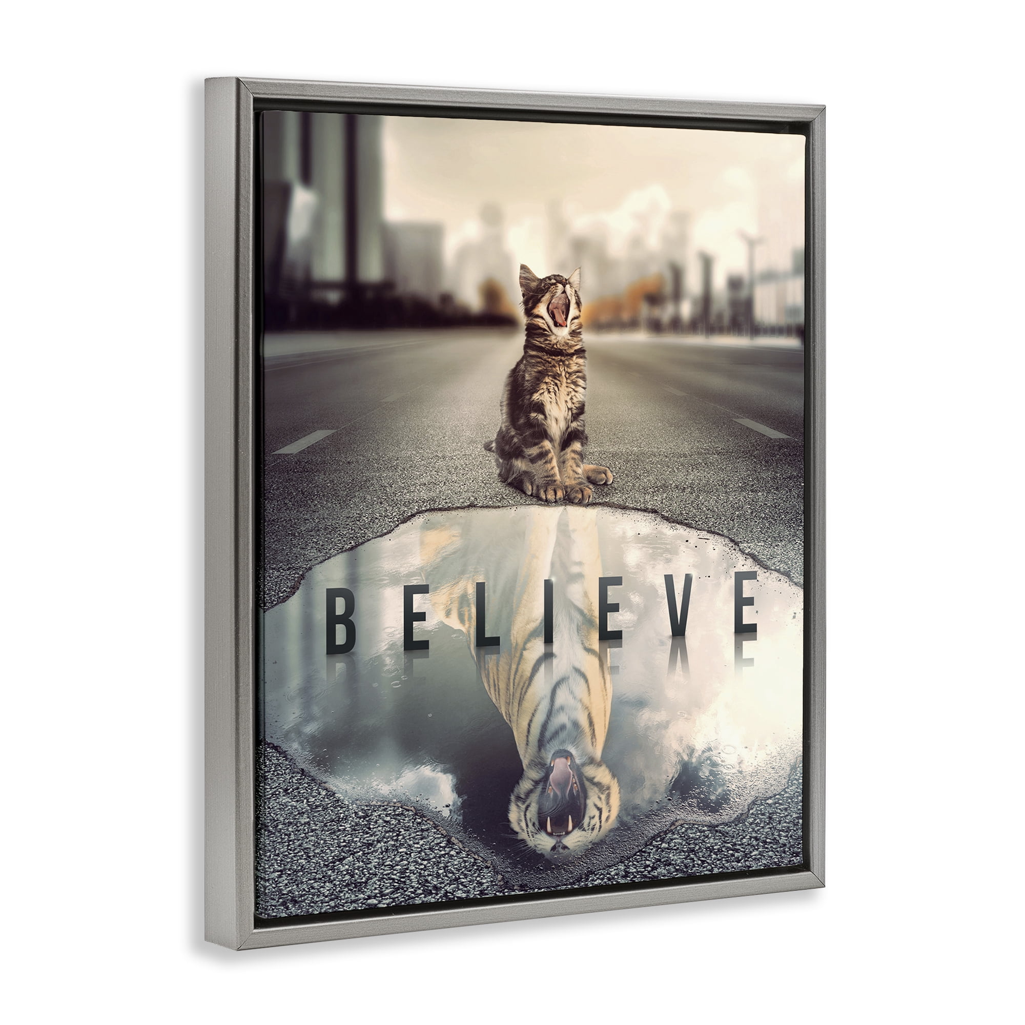 Stupell Industries Believe Cat & Tiger Animals Painting Gray Floater Framed Canvas Art Print Wall Art, 17 x 21