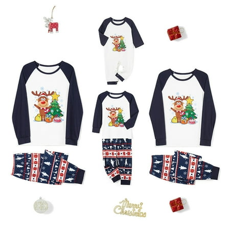 

wybzd Family Matching Christmas Pajamas Set Xmas Deer Tree Gift Box Snowflake Print Long Sleeve Tops Pants Sleepwear
