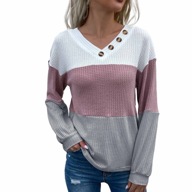 Suéteres Para Mujer Suéter de Punto Otoño Invierno Nuevo Jersey de Manga Larga Con Bloqueo de Color Con Cuello en V Waffle Odeerbi ODB186372