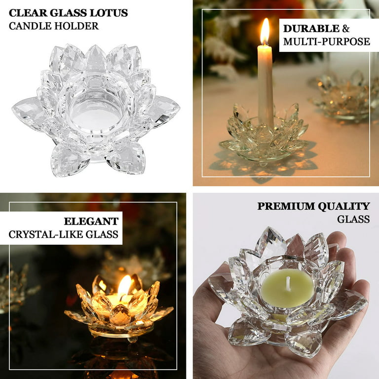 Efavormart 2 Pack  Clear 4.5 Crystal Glass Lotus Flower Votive Candle  Holders, Tealight Taper Candle Stands 