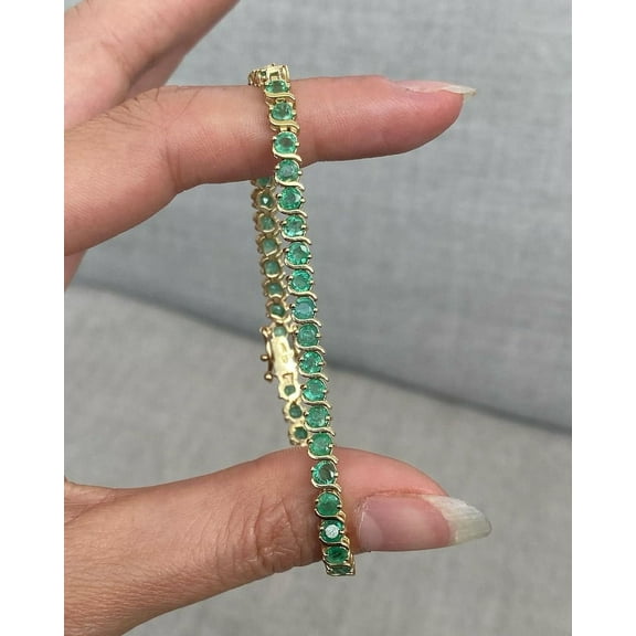 Tennis Bracelet 3mm Round Cut Emerald Gemstone Bracelet, Solid 14k Yellow Gold Emerald Sapphire Tennis Bracelet, Prong Set Tennis Bracelet