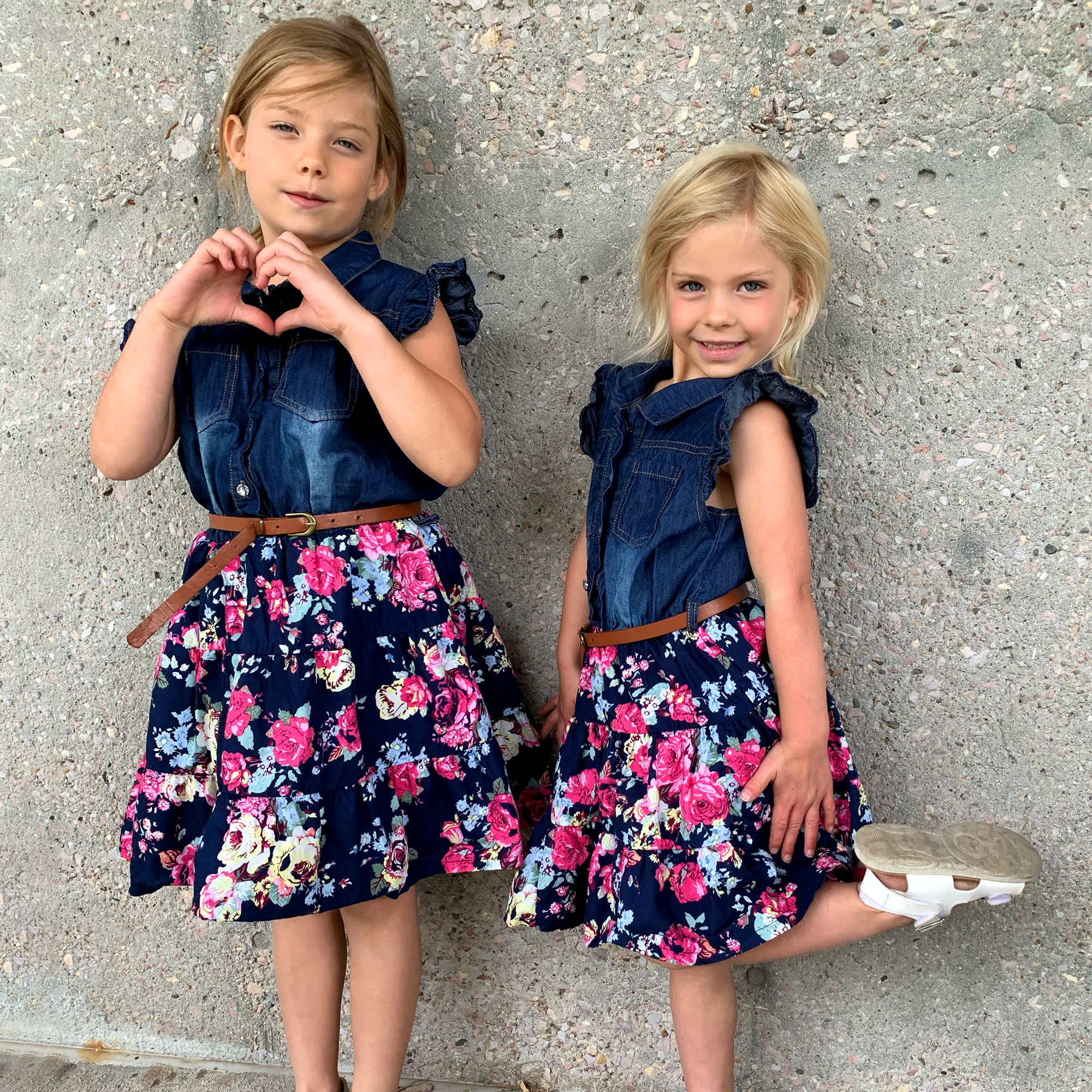 YJ.GWL Girls Dresses Denim Floral Swing Skirt with Belt Girls Fashion Clothes for 7-8 Years Size 150 Blue, 7 Years, 7 Years