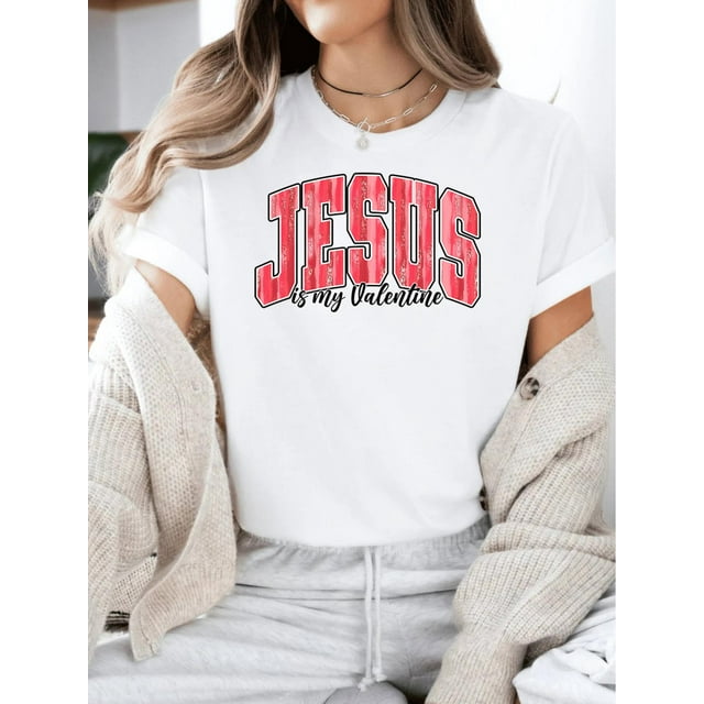 Christian Valentine T-shirt, Retro Love Valentine Vibes Hearts, Jesus Is My Valentine Bible Verse TrCamisetas para mujer, lindas camisetas con estampado gráfico, de manga corta, estilo casual, para ve