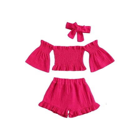 

Toddler Baby Girl Summer Solid Color Set Short Sleeve Off Shoulder Crop Top and Ruffle Shorts with Headband Casual Clothes 1-6 T