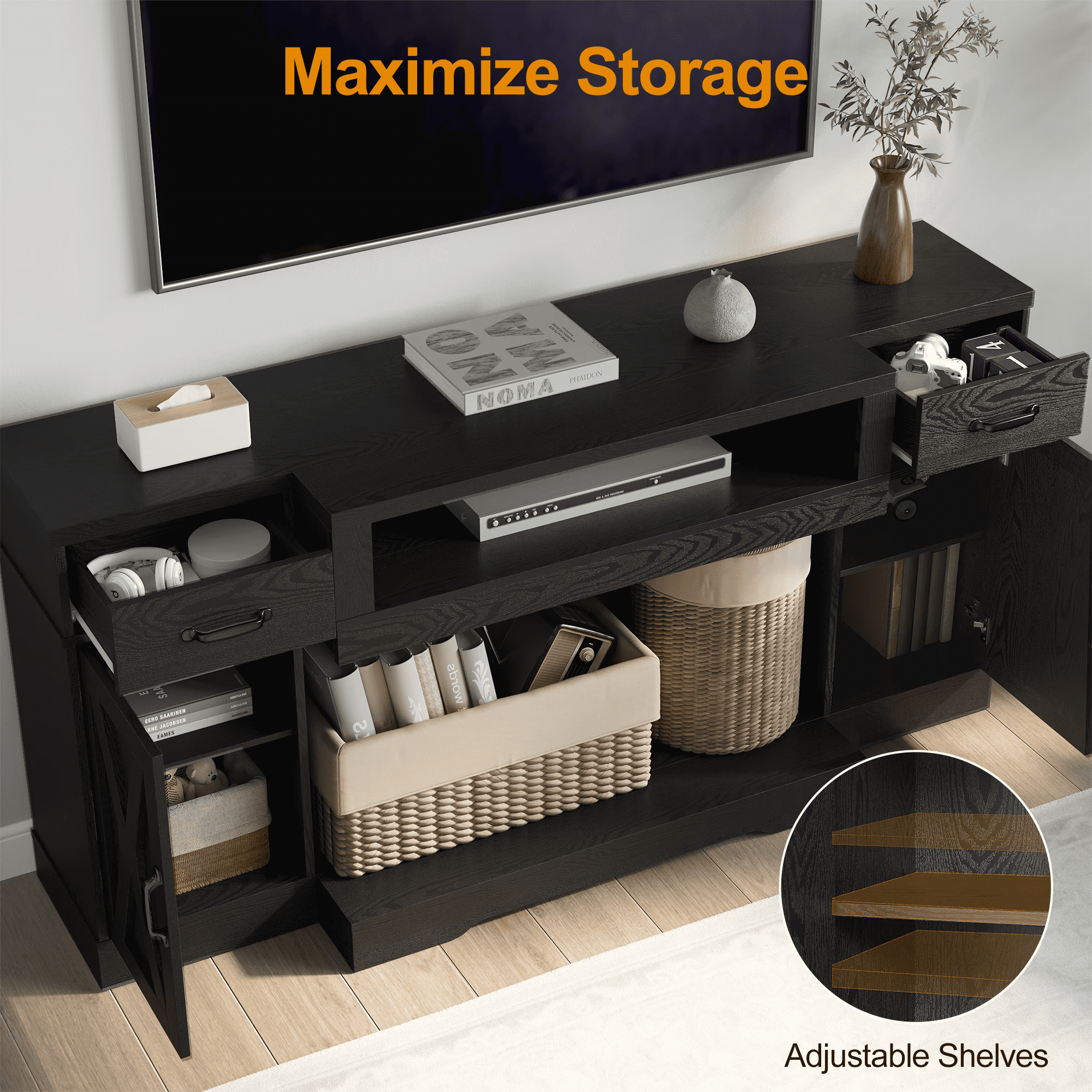Mintazer Media Console Table with Adjustable Shelves, Entertainment Center TV Cabinet for TVs up to 75" for Living Room, Bedroom, Study Room, Black