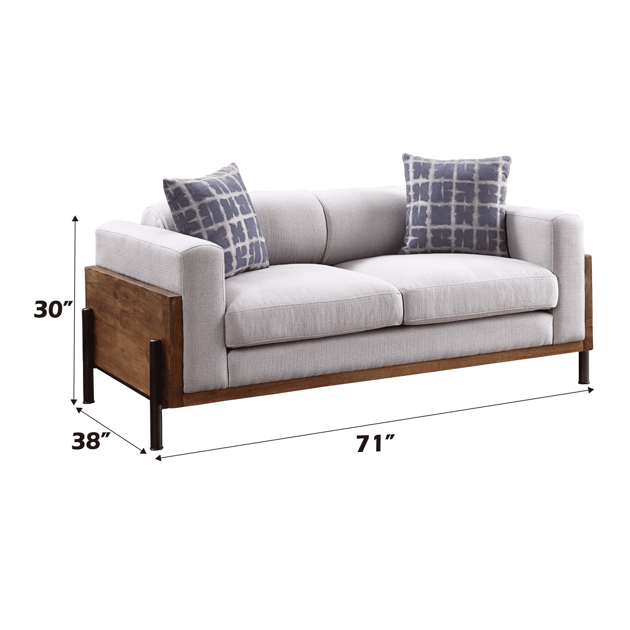 Walnut Finish Fabric Loveseat Sofa with Plush Cushions and Track Arms for Living Room