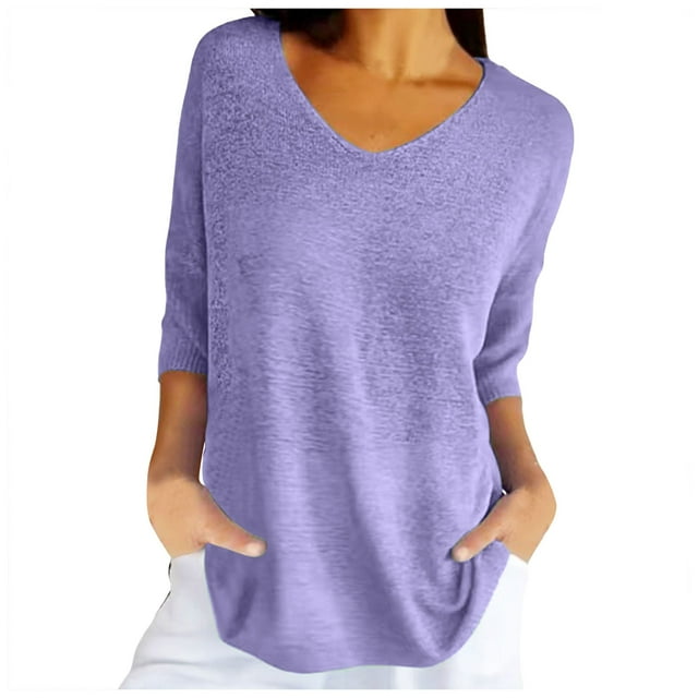 XDZJLR Women T Shirts Spring Casual 3/4 Sleeve Solid Color V Neck Loose Pullover Knit Fall Sweaters Tees